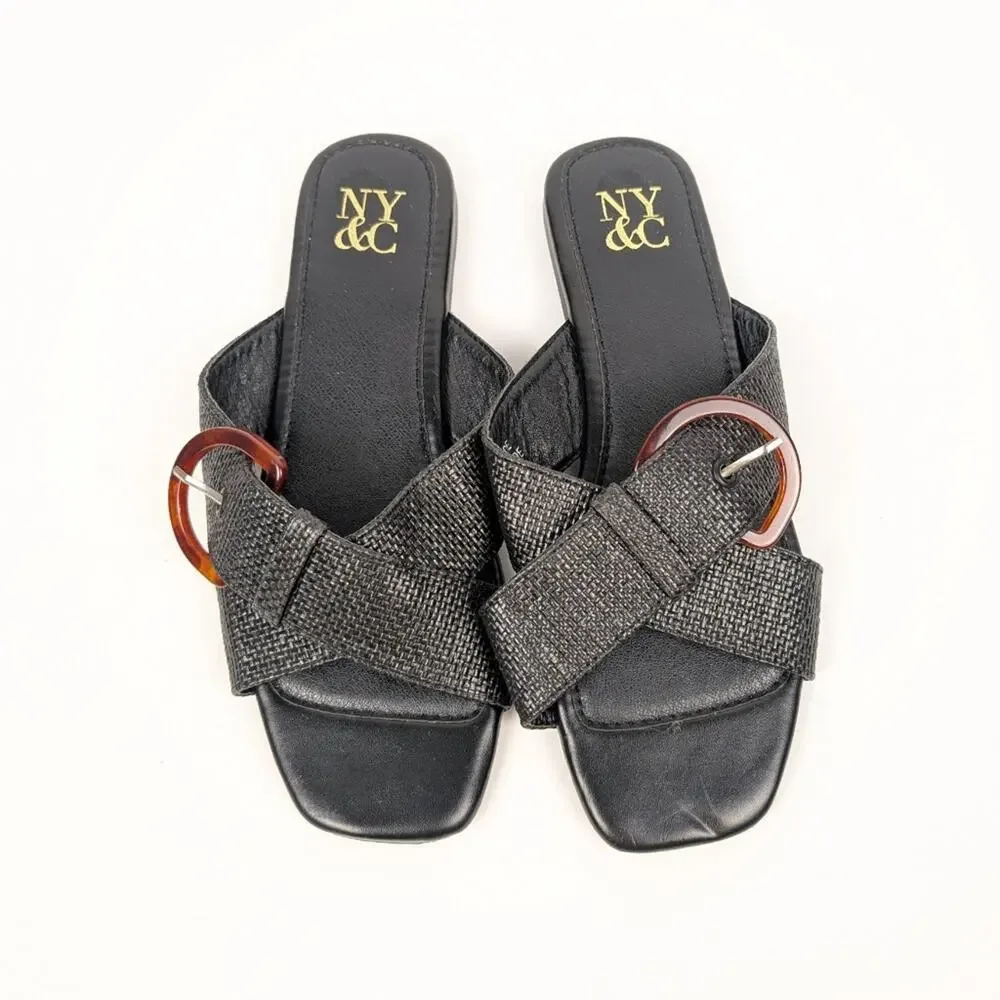 New York & Company Black Criss Cross Slip On Buckle Flat Sandals Size 6